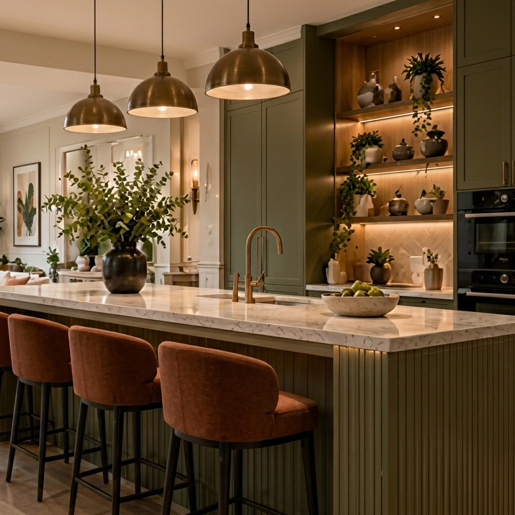 Open-plan kitchen extension with bespoke sage joinery and marble island in Muswell Hill
