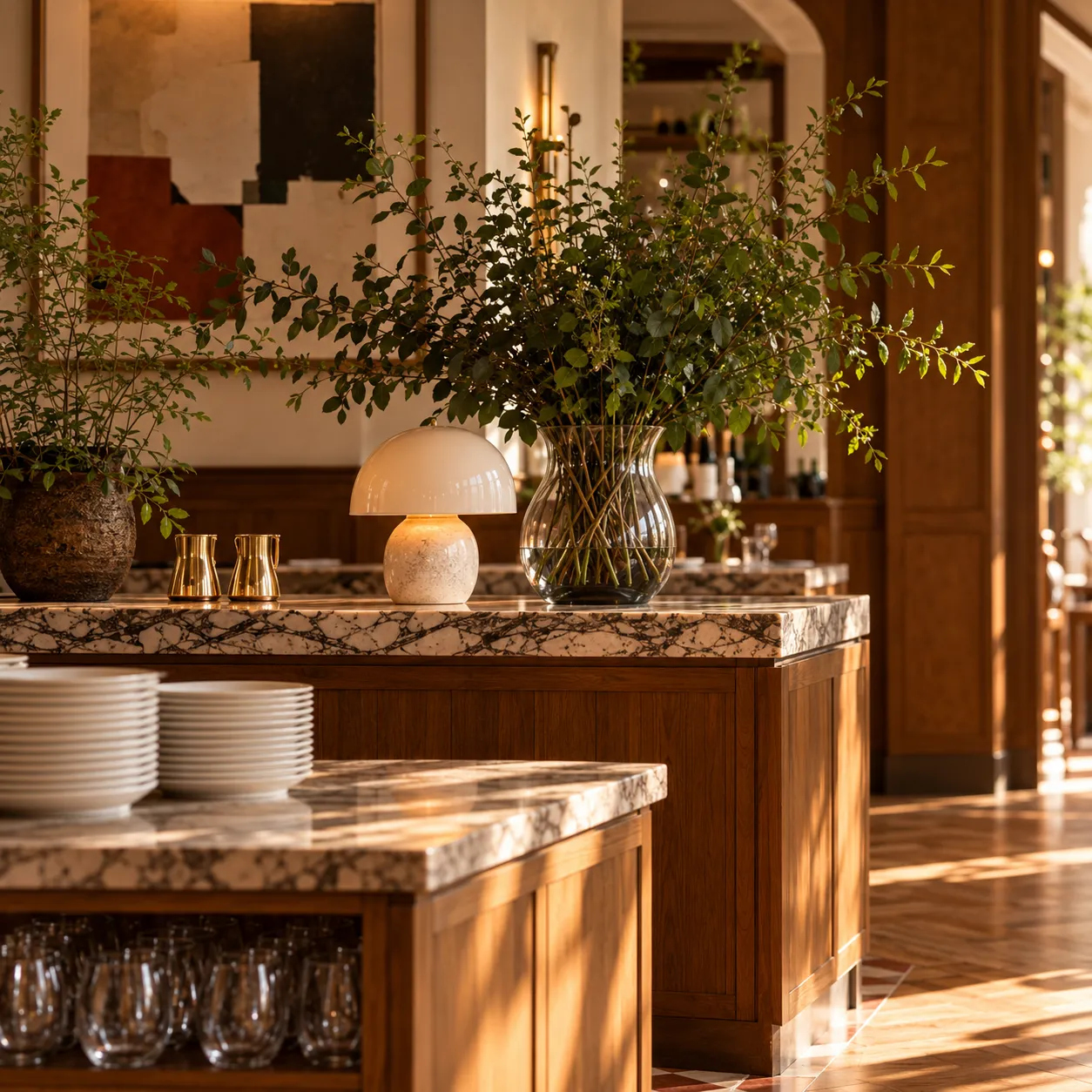 Warm walnut and marble bespoke counter joinery detailing London by Oraanj